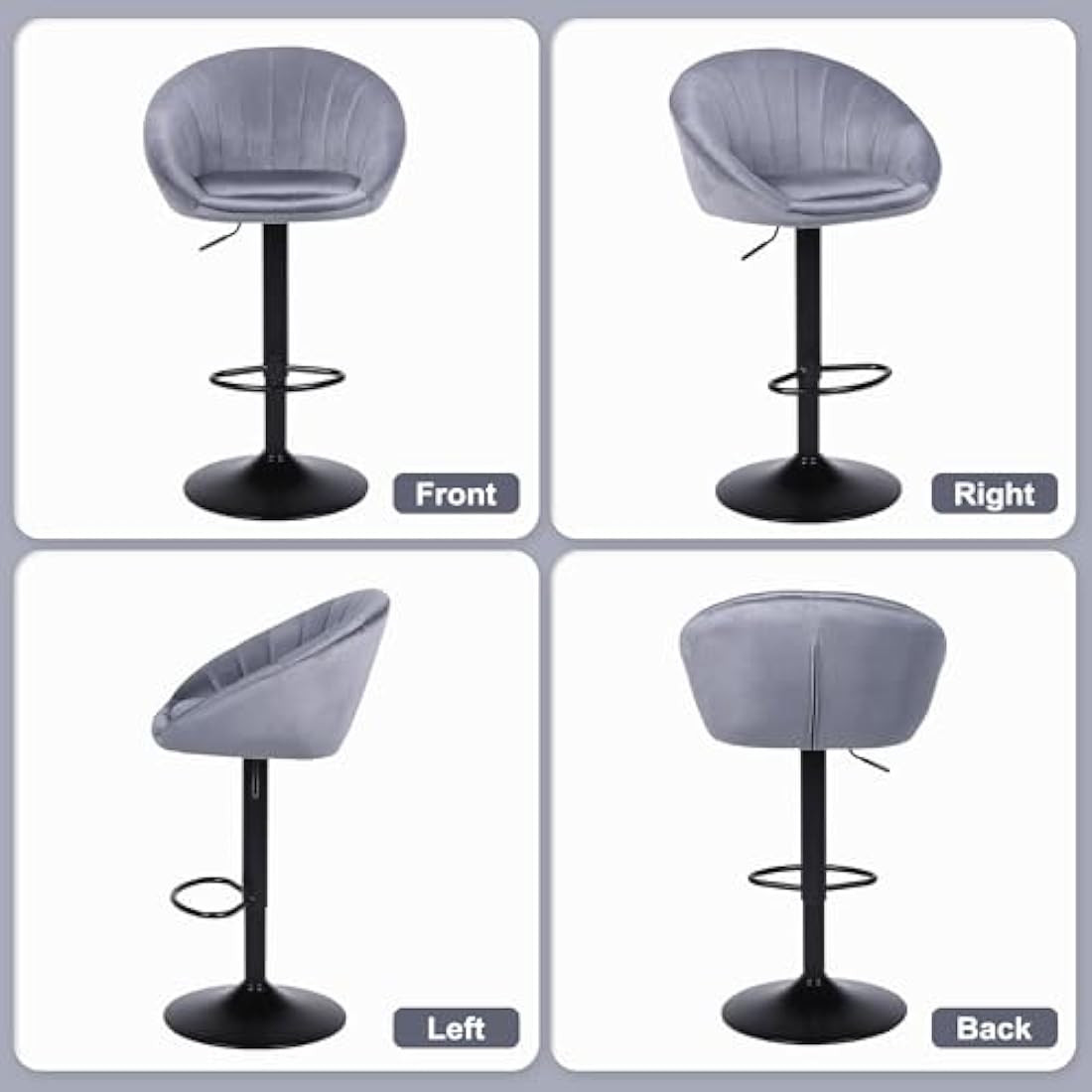 YERAIRR Grey Velvet Swivel Bar Stool | Adjustable Kitchen Stool