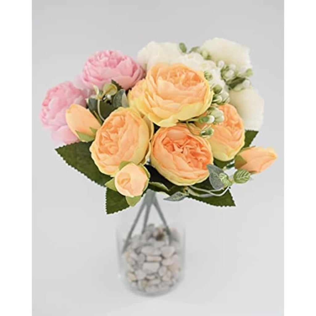 Jolof Store Silk Peony and Tea Rose Artificial Bouquet - Yellow, 9 Heads