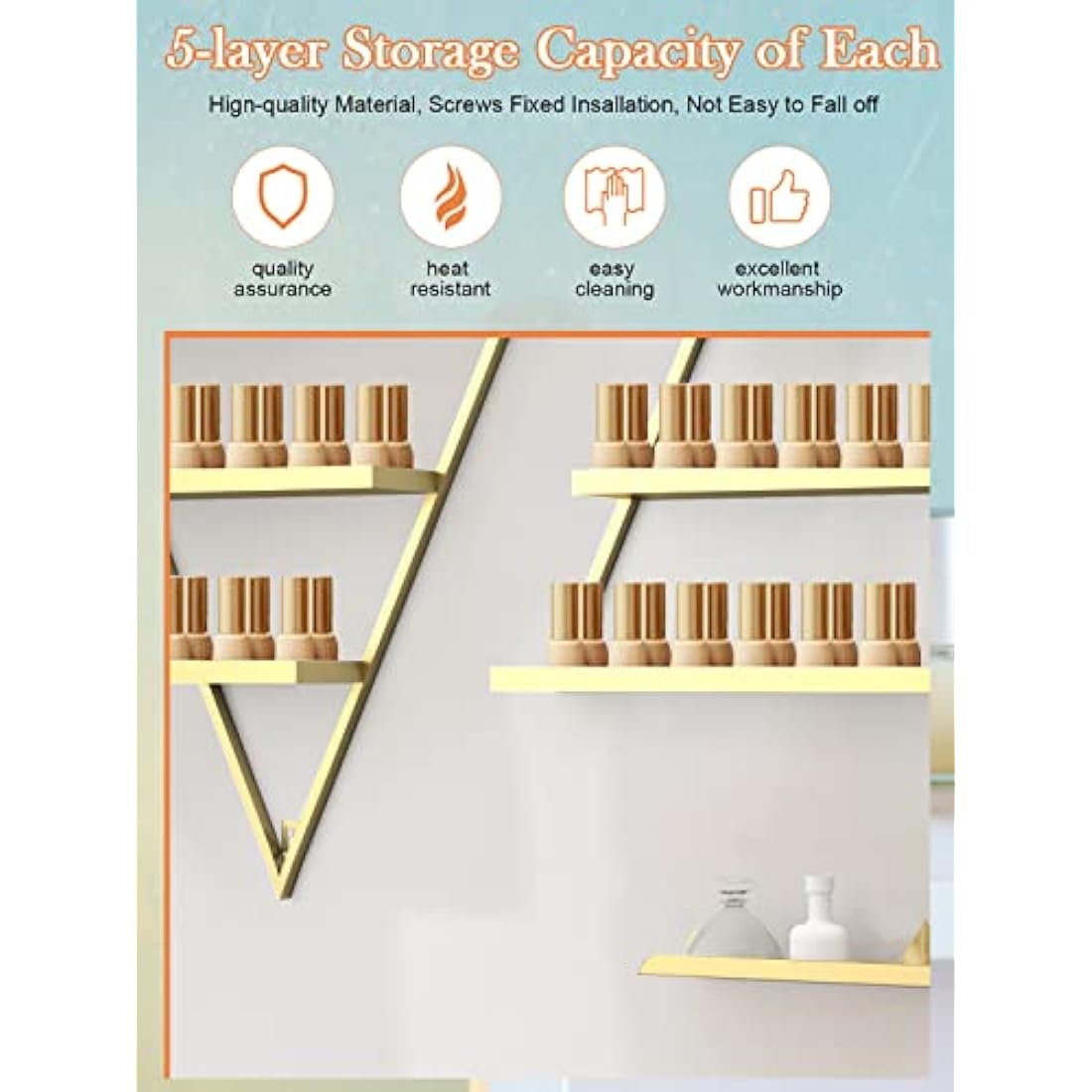 Kalolary 5-Tier Gold Metal Wall-Mounted Nail Polish Rack & Display Shelf