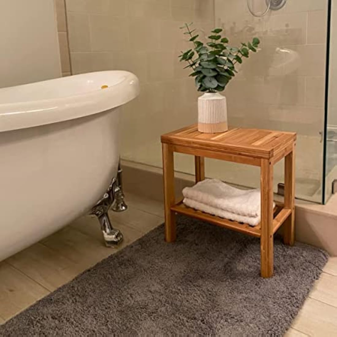 SOUJOY Bamboo Shower Bench - Waterproof Bath Stool with Storage Shelf