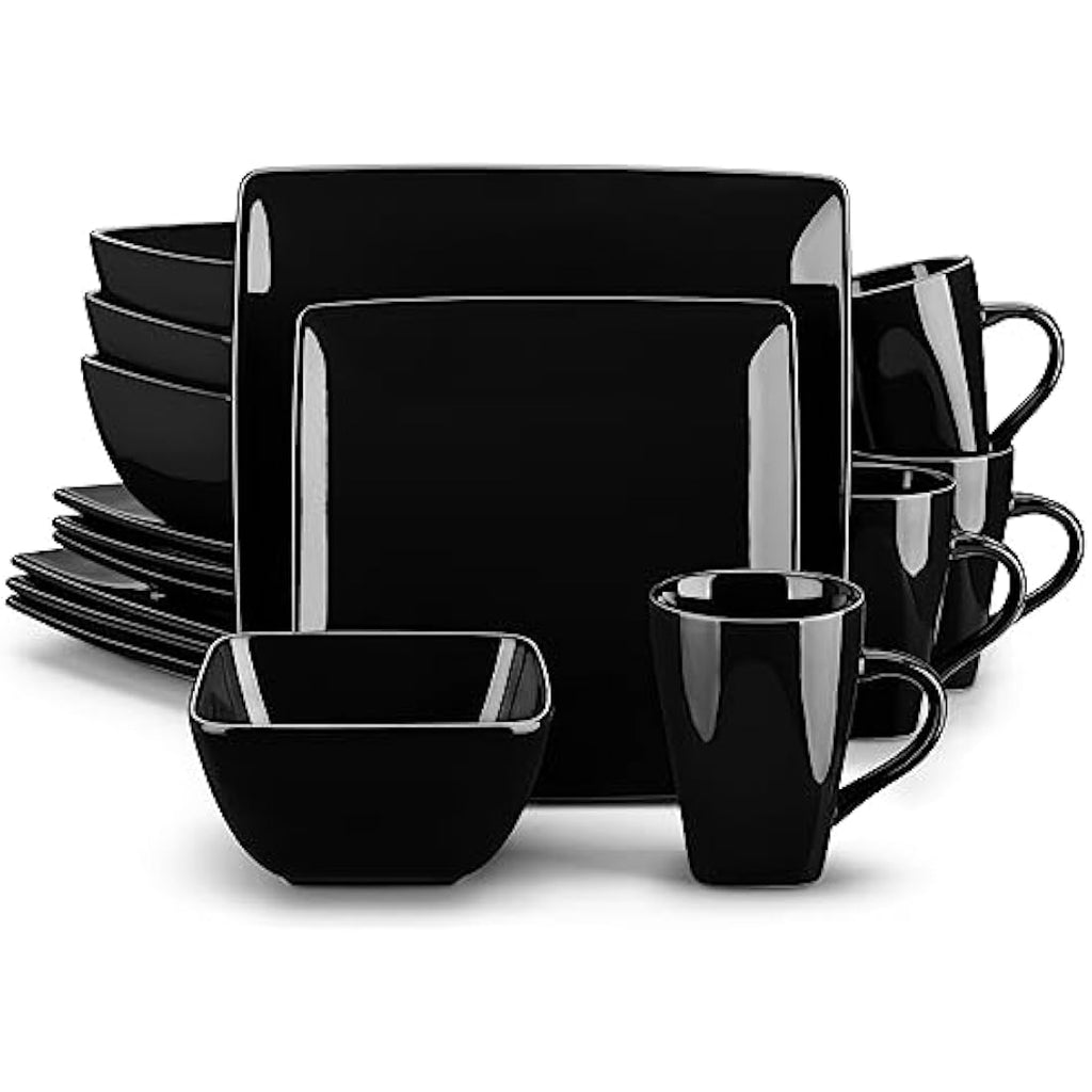 vancasso Soho 16-Piece Black Stoneware Dinner Set | Square Plates and Bowls