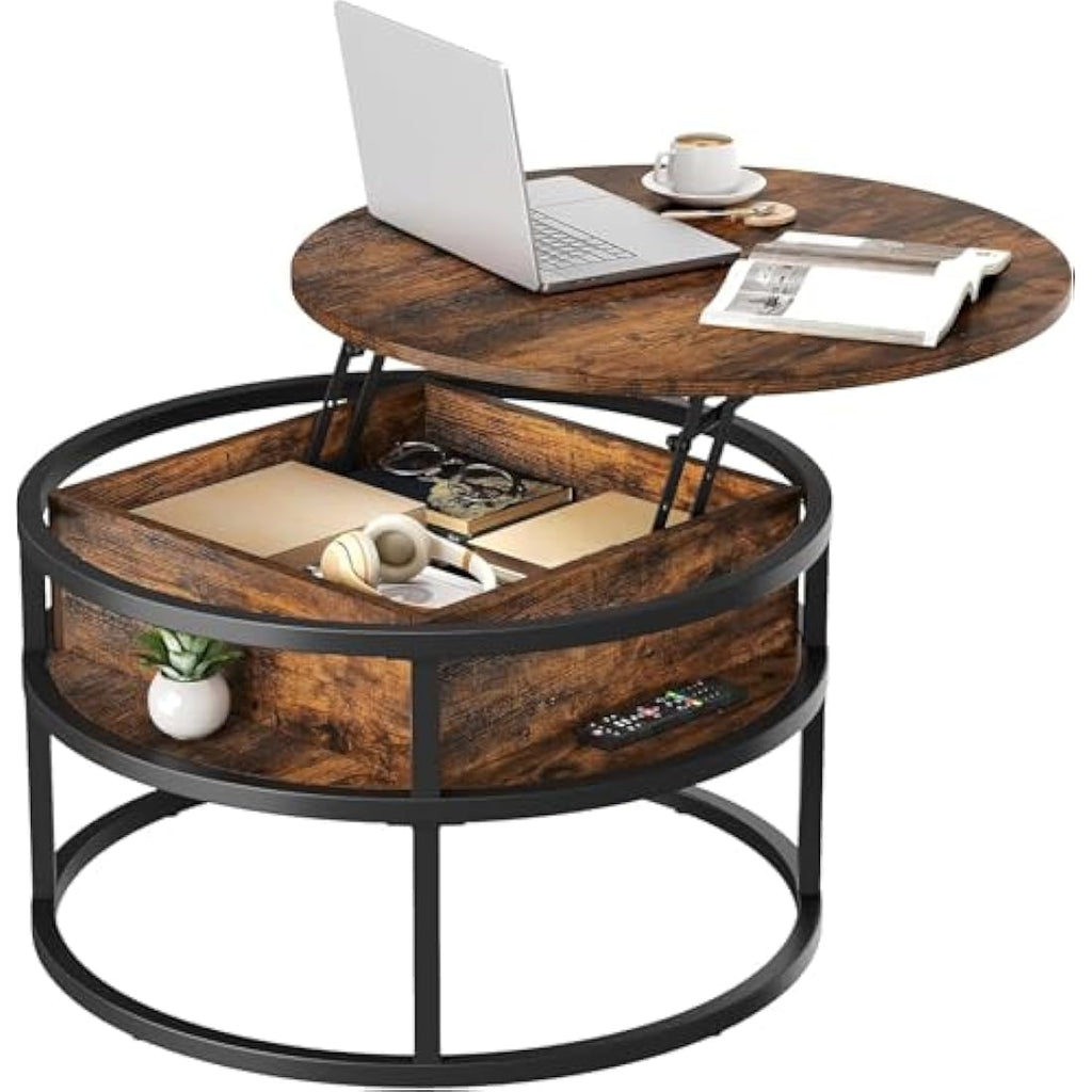 YITAHOME Round Lift Top Coffee Table with Hidden Storage – Brown Wood