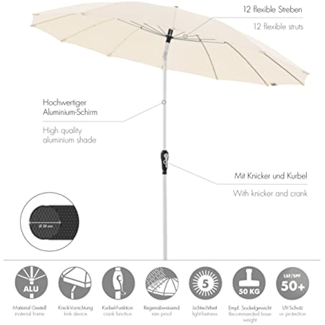 Doppler Asia Look SL-AZ Garden Parasol – 250cm Aluminium Crank Umbrella