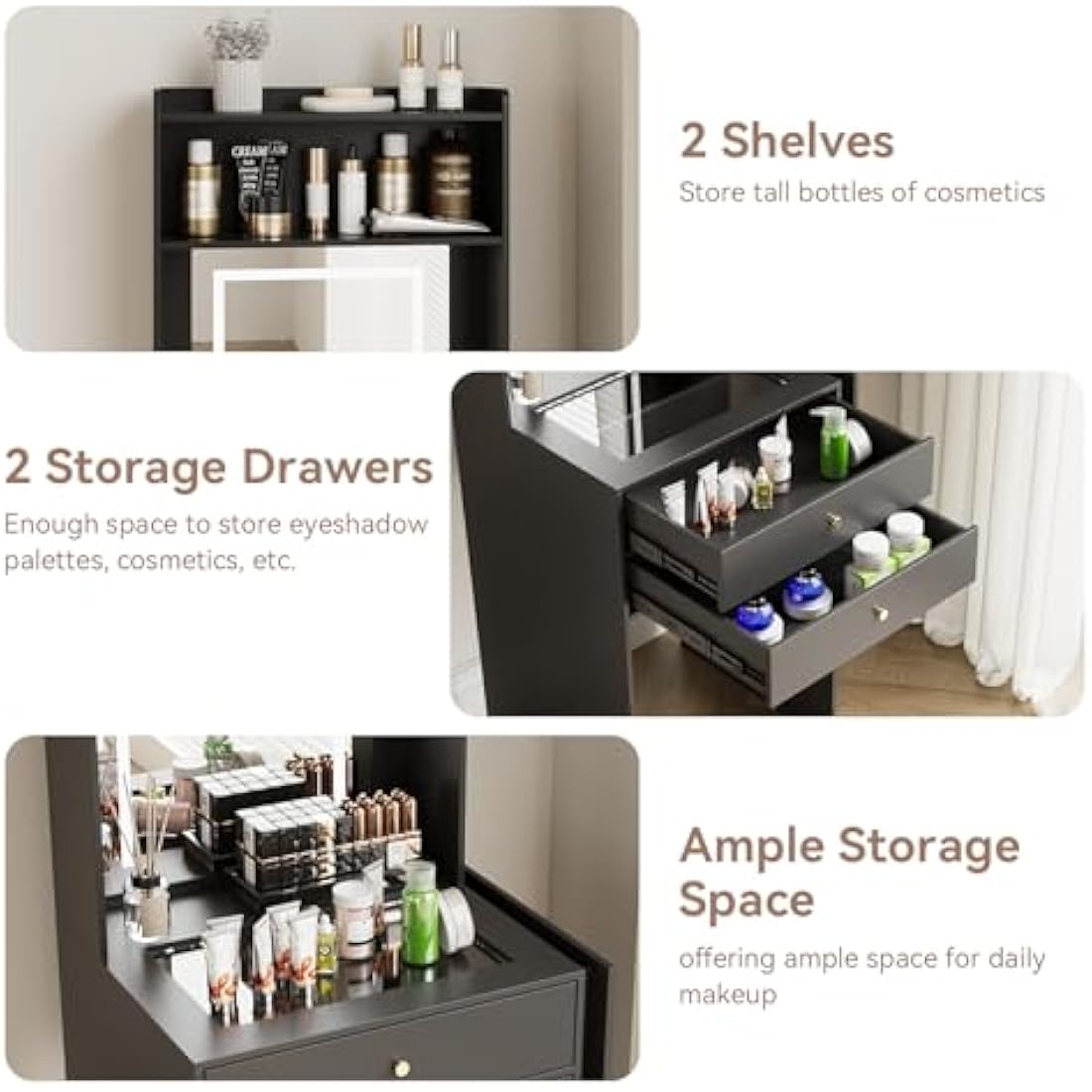 Dressing Table with LED Mirror – Black Glass Makeup Desk
