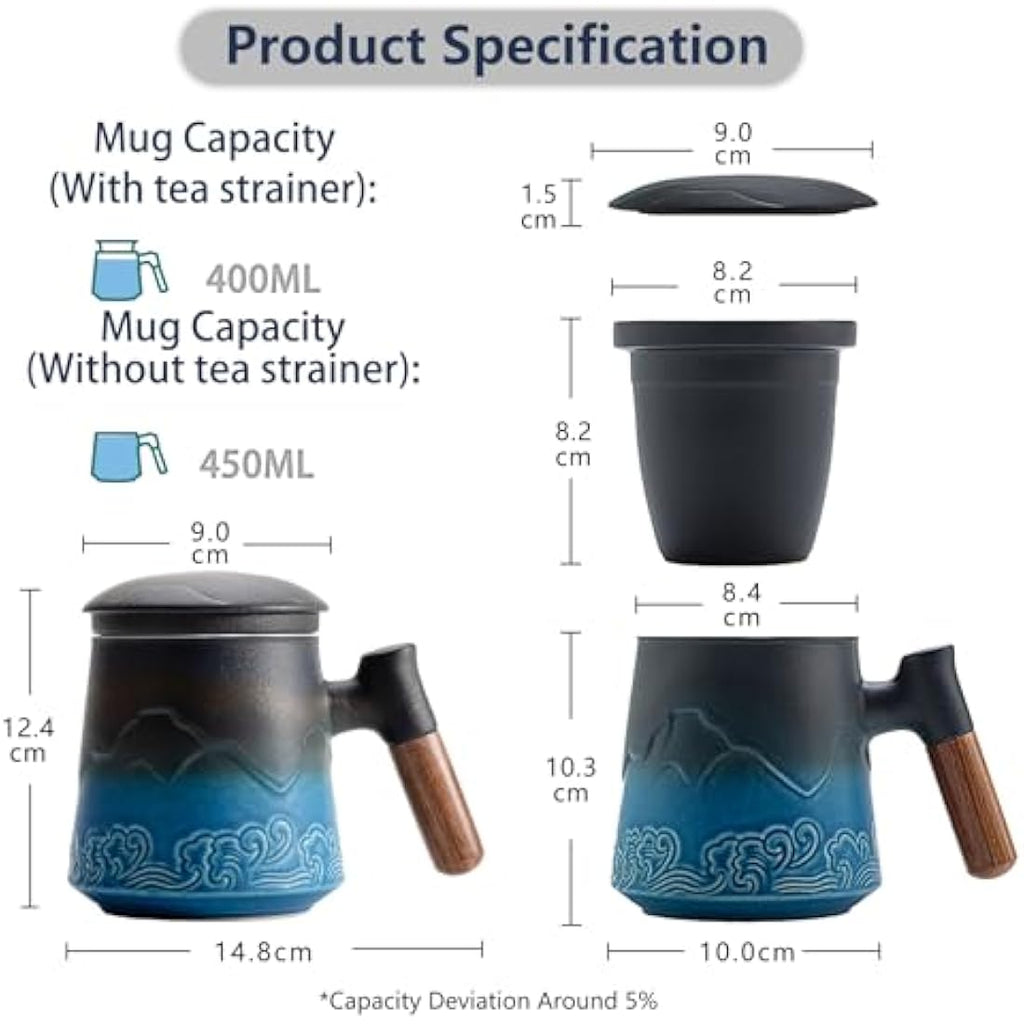 ZENS Ceramic Tea Infuser Mug with Wood Handle and Lid - 450ML Blue