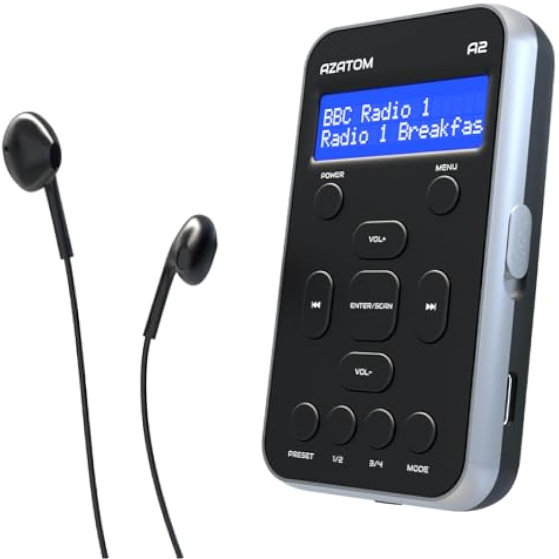 Azatom A2 Portable DAB/DAB+ & FM Digital Radio with Sports Earphones - Silver