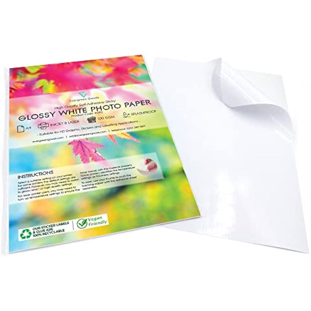 Evergreen Goods A4 White Glossy Sticker Paper | 500 Sheets Splashproof
