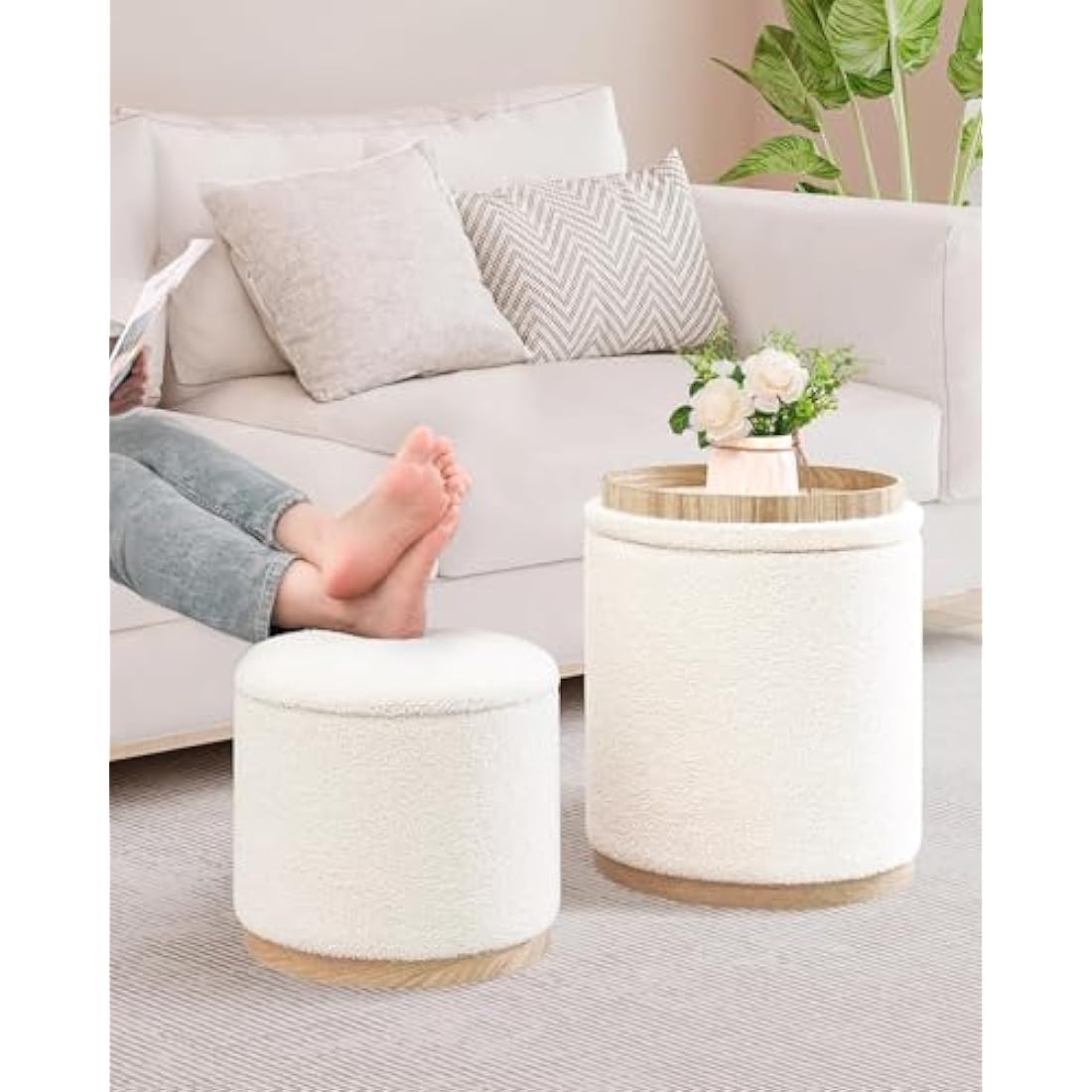 Bonlife Round White Boucle Storage Ottoman Set of 2 – Vanity Stool