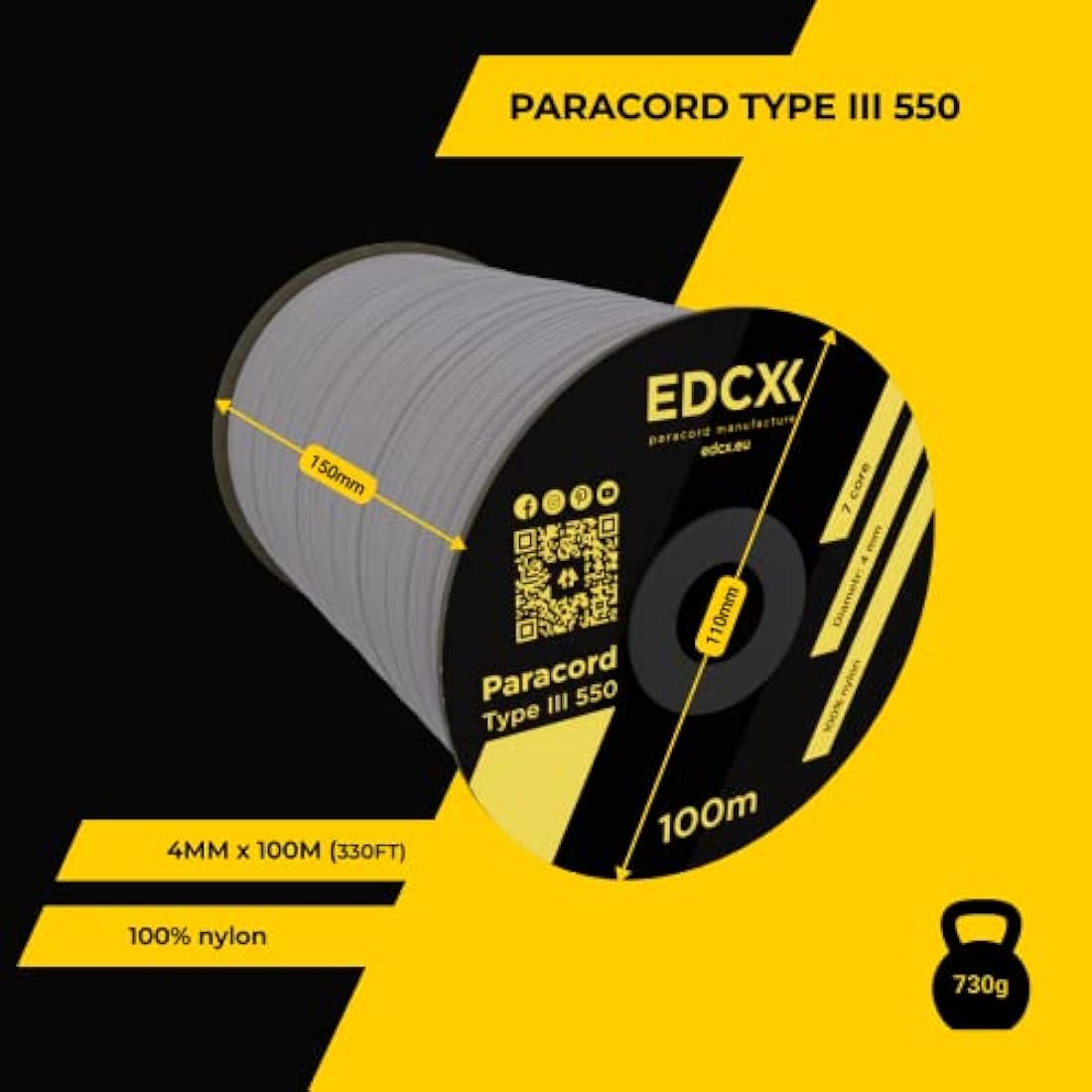EDCX 550 Paracord Type III – 4mm Nylon Rope for DIY, Camping & Survival