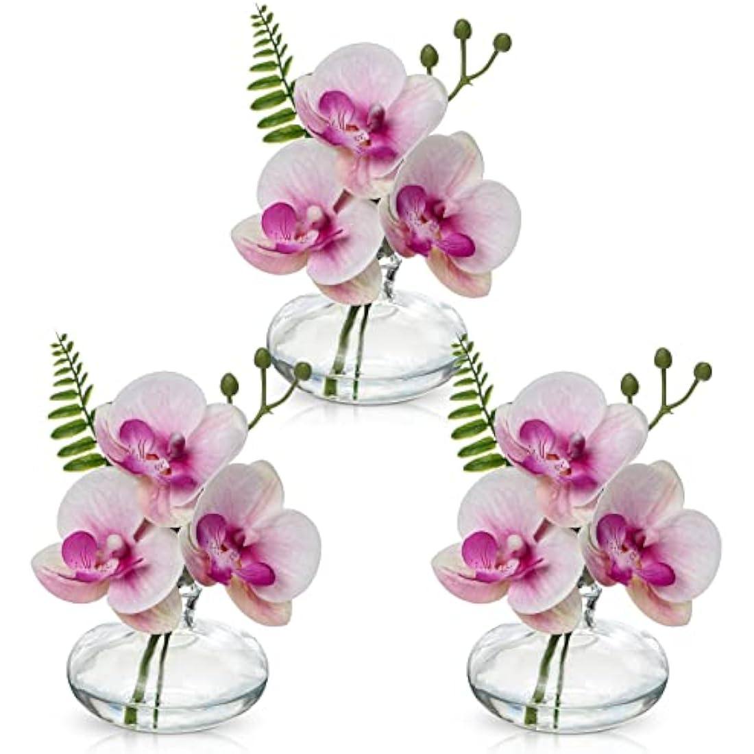 Briful Set of 3 Pink Artificial Orchids in Glass Vase - Real Touch Faux Flowers