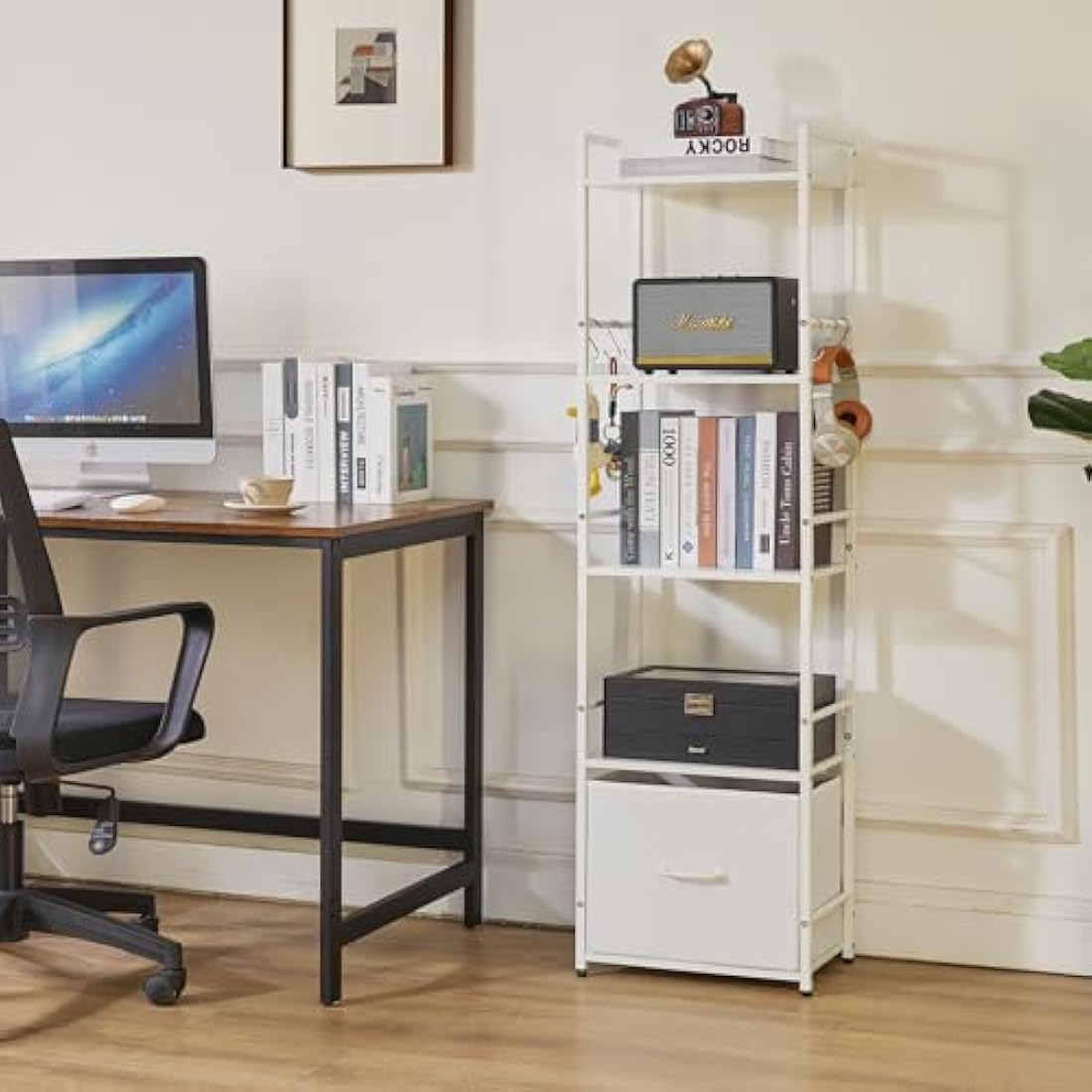 Aibiju 5-Tier Ladder Bookshelf with Drawer | White Steel Frame Plant Stand