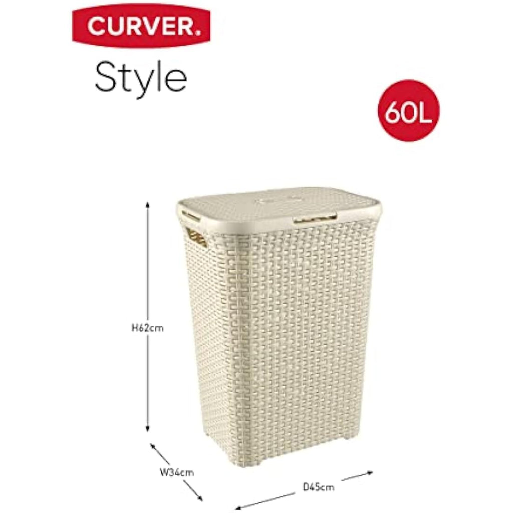 Curver 60L Laundry Hamper – Rattan Style Bathroom Storage, Vintage White