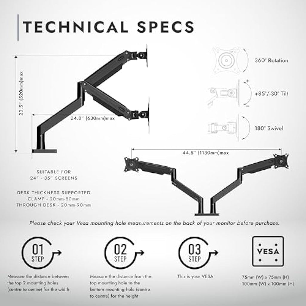 Invision MX900 Dual Monitor Arm – Ergonomic Gas Assisted Mount for 24-35"