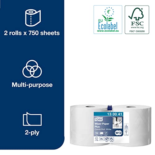Tork 130041 Wiping Paper Plus – 2-Ply Extra Strong White Rolls – 2 x 255m