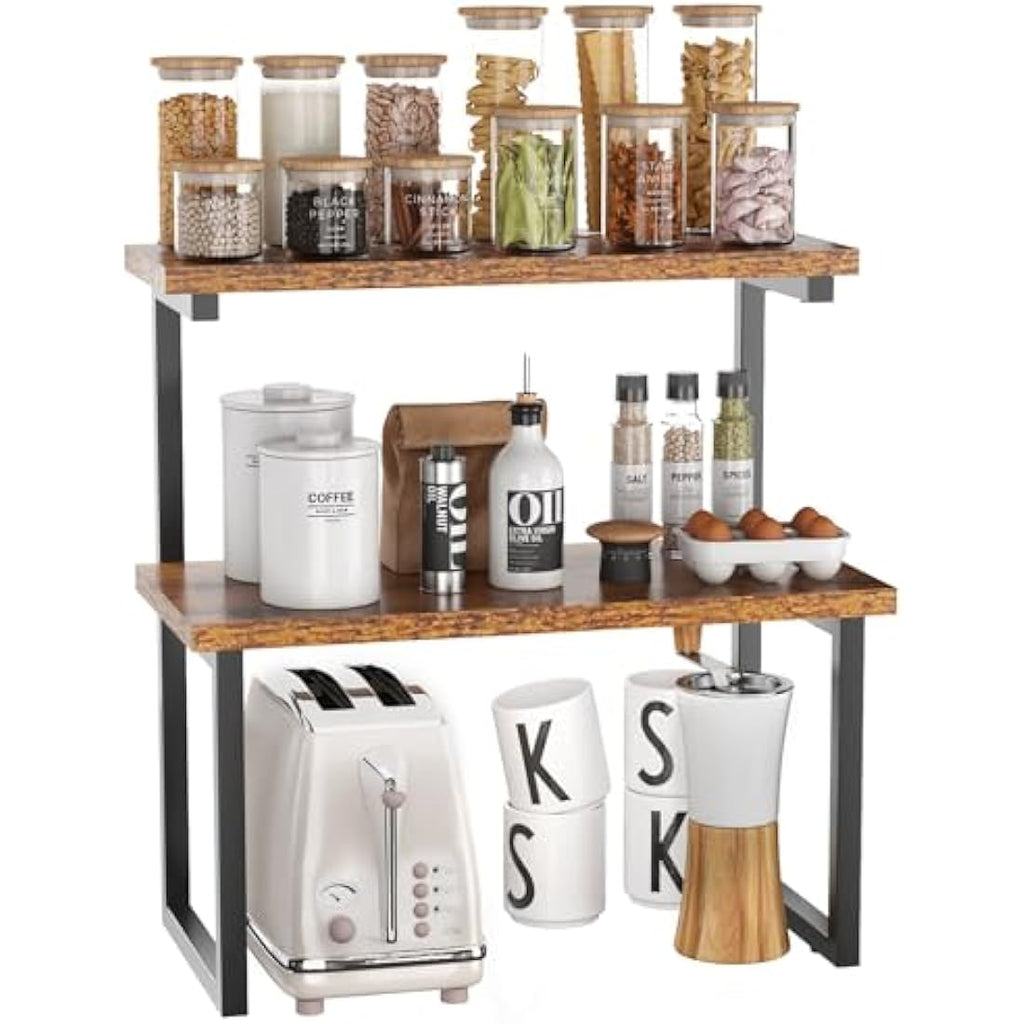 IBUYKE 2-Tier Spice Rack – Rustic Wood & Metal Kitchen Countertop Organizer