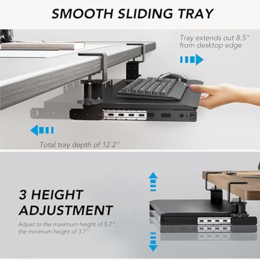 Under Desk Keyboard Tray | Sturdy C-Clamp Mount - Black