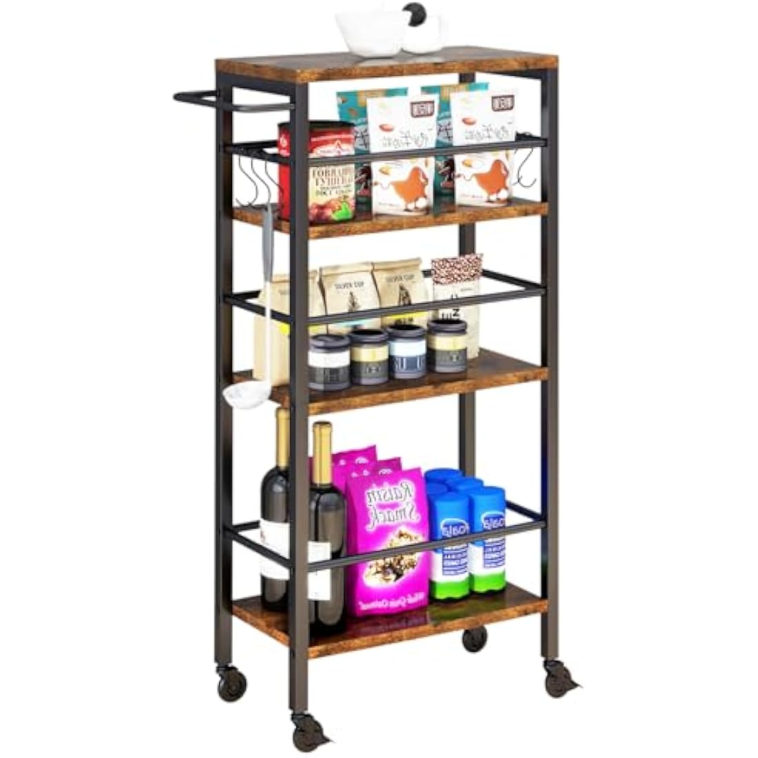 IBUYKE 4-Tier Slim Rolling Cart | Narrow Metal Storage Trolley, Rustic Brown