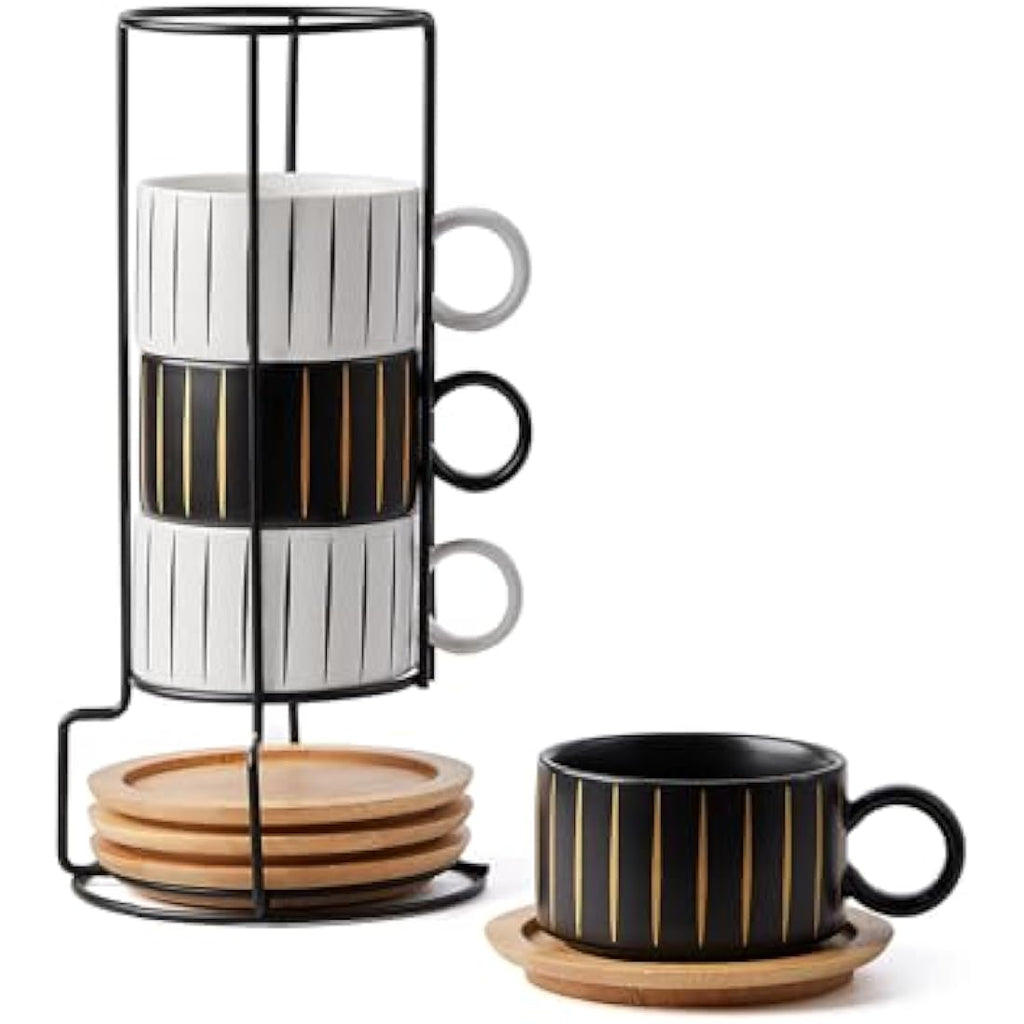 Stackable Ceramic Coffee Cup Set with Saucers & Stand