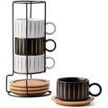 Stackable Ceramic Coffee Cup Set with Saucers & Stand