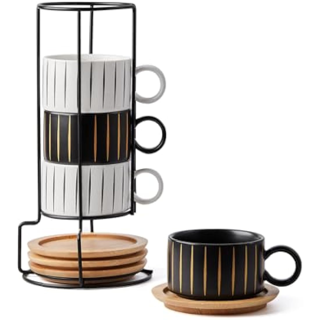 Stackable Ceramic Coffee Cup Set with Saucers & Stand