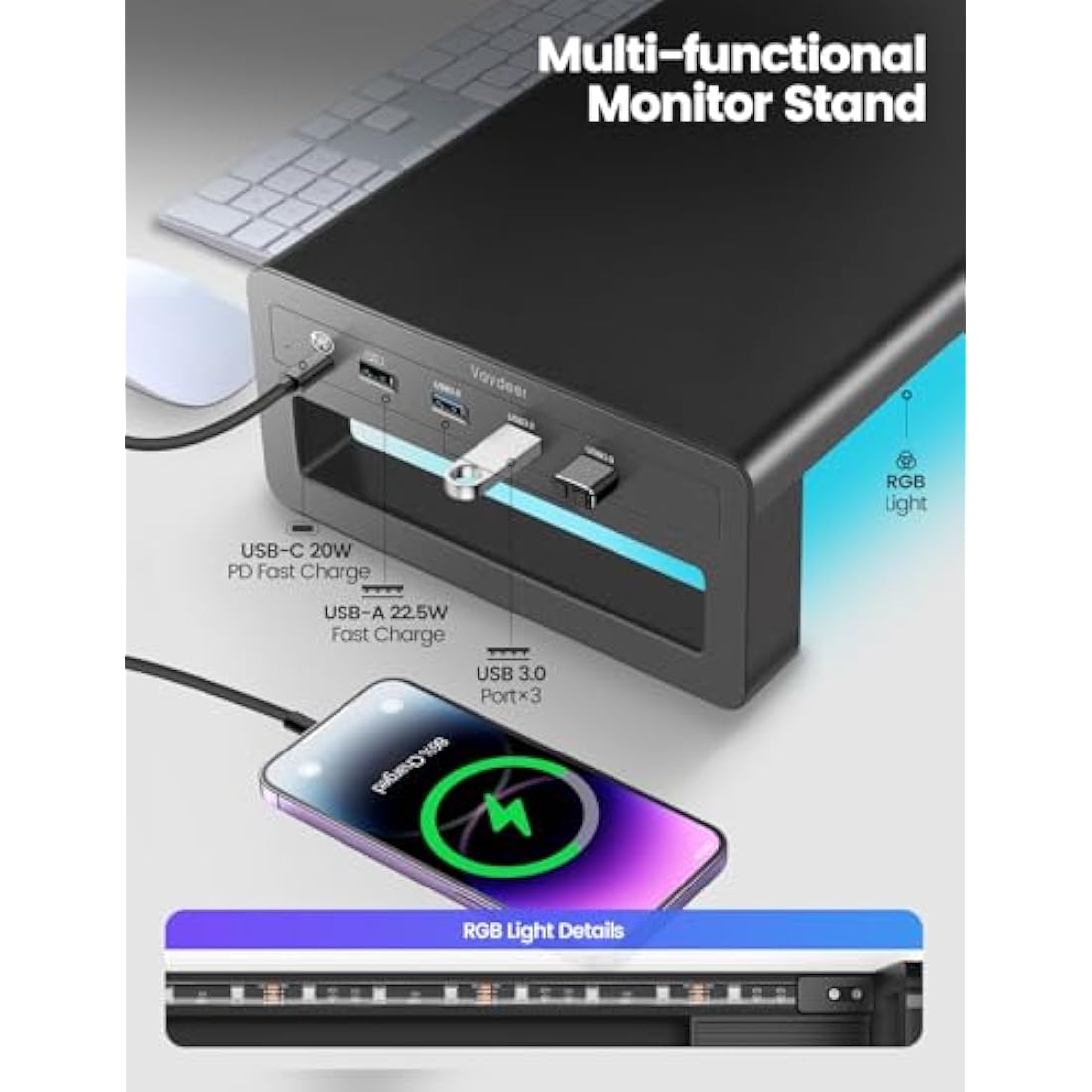 Vaydeer Aluminum Monitor Stand Riser with 4 USB 3.0 Ports – Black