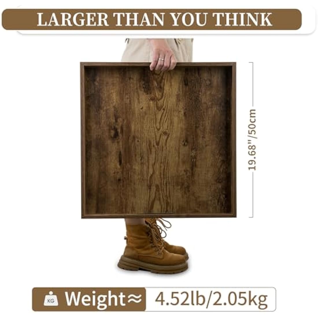 Hanobe Large Wooden Ottoman Serving Tray – 20" Square Coffee Table Platter