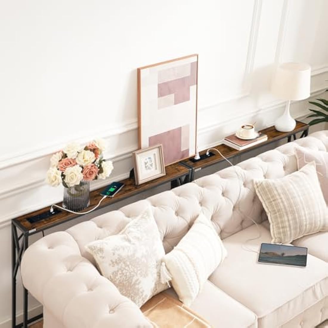 MAHANCRIS 2-Pack Console Table with Charging Station - Rustic Brown