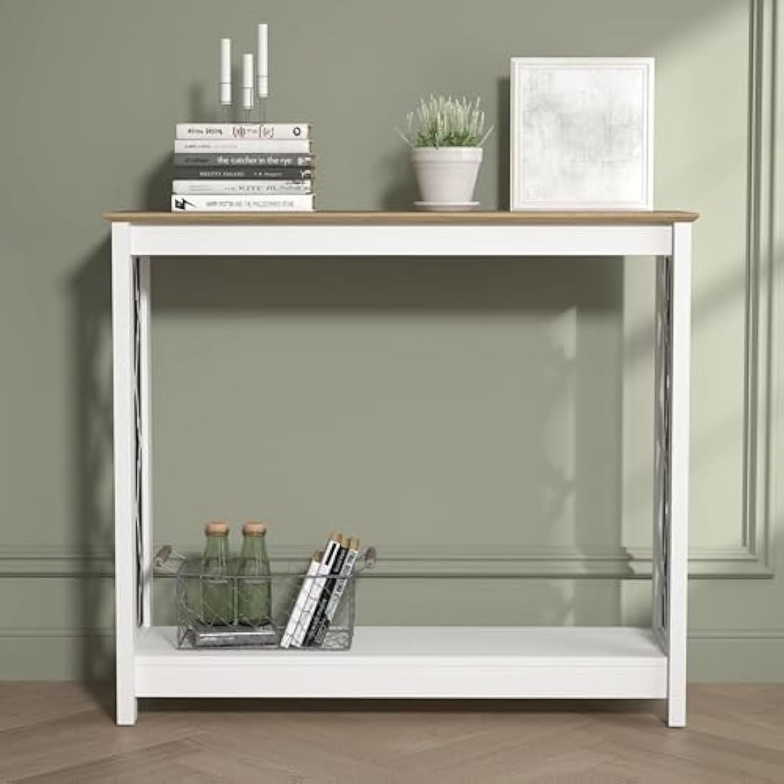 Galano Nova Console Table – Distressed Oak & White Entryway Cabinet
