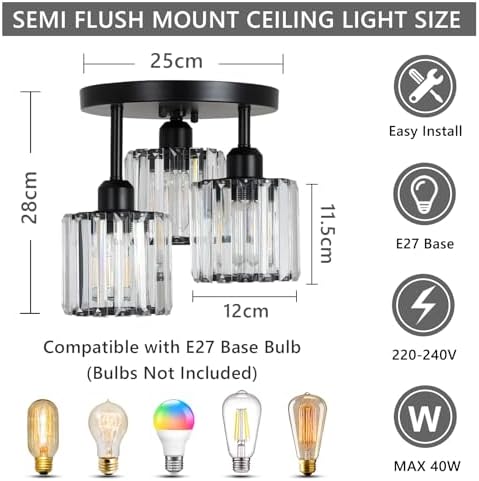 Rayofly Modern 3-Light Crystal Chandelier | Black Semi Flush Ceiling Light