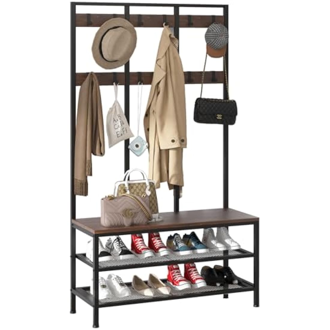 Dripex Industrial Hall Tree Coat Rack with Shoe Bench and 12 Hooks