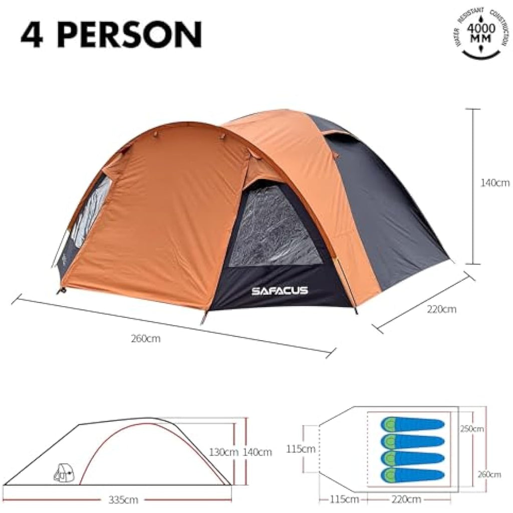 SAFACUS 4-Person Dome Camping Tent | Waterproof Double Layer Family Tent