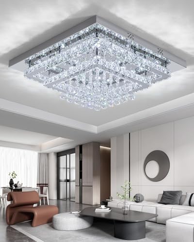 XEMQENER 84W Modern Square LED Crystal Chandelier - 60cm Flush Mount Light