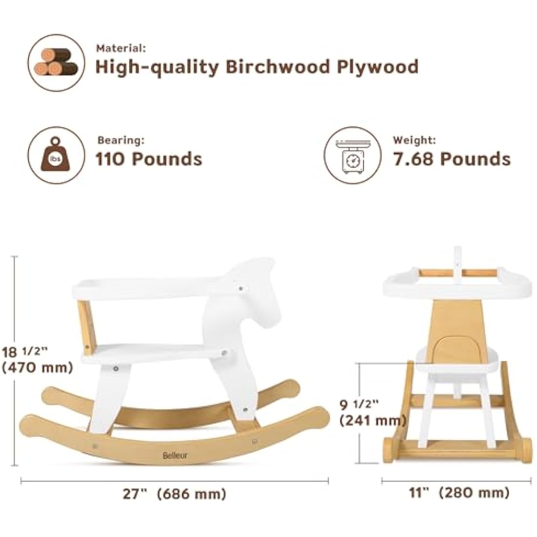 Belleur Wooden Rocking Horse for Toddlers – 2-in-1 Ride-On Toy with Fence