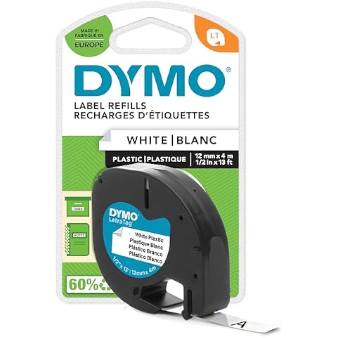 DYMO LetraTag Plastic Labels | 12mm x 4m | Black on White Tape | 1 Count
