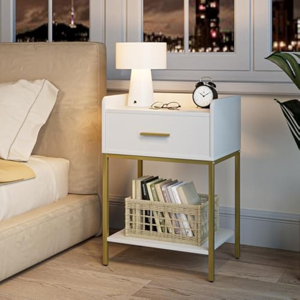 Modern Nightstand | 3-Tier White Bedside Table with Gold Legs