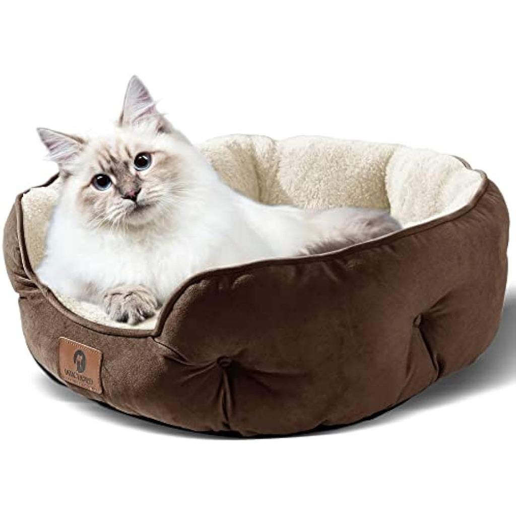 Round Sherpa Dog Bed – Washable Calming Pet Bed, Brown, 25"
