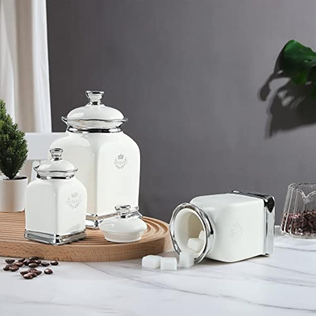 Fanquare 3-Piece Porcelain Kitchen Canister Set – Off White Ceramic Jars