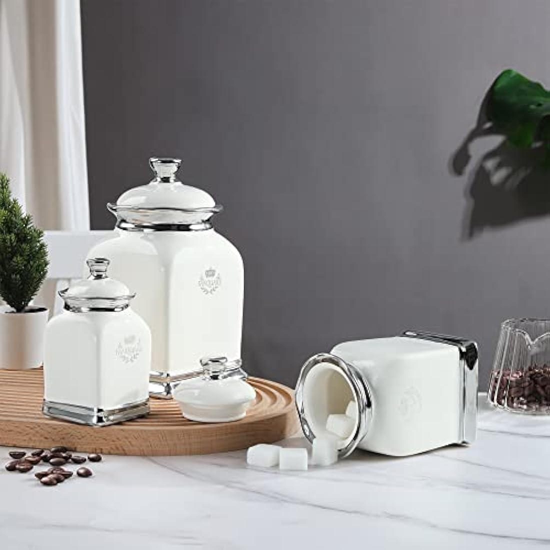 Fanquare 3-Piece Porcelain Kitchen Canister Set – Off White Ceramic Jars