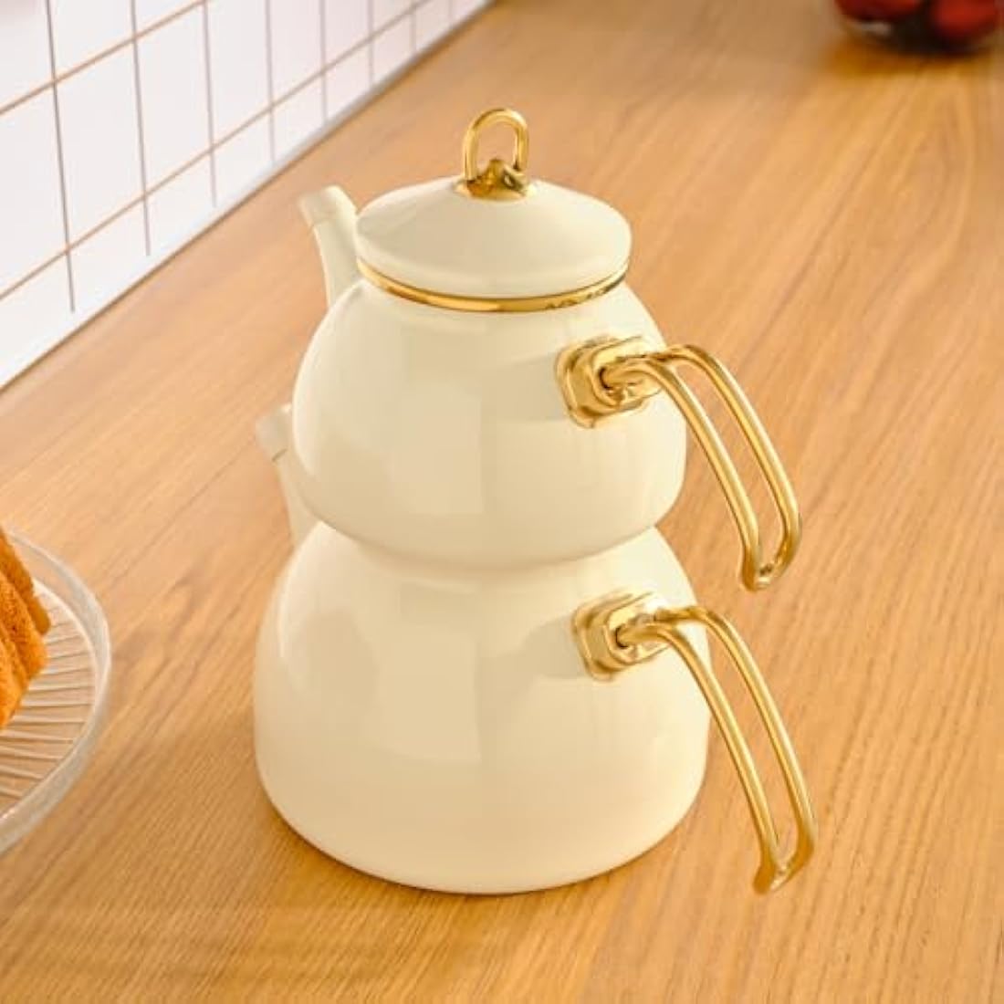 Karaca Retro Enamel Turkish Teapot Set | Induction Safe Kettle, Cream