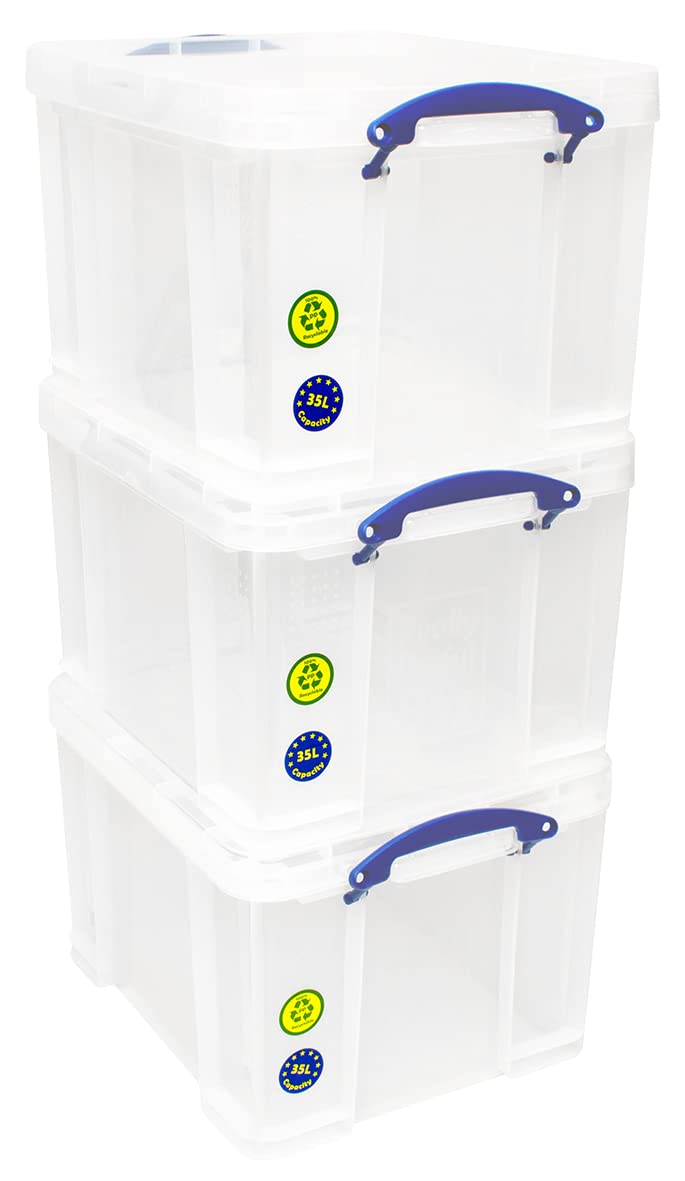 Really Useful Box 35L Clear Plastic Storage Bins, Stackable 3-Pack