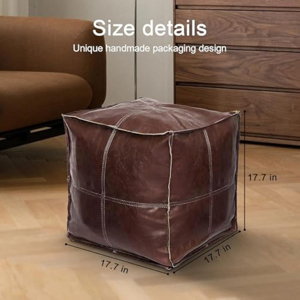 Louis Donne Square Faux Leather Pouf – Unstuffed Moroccan Ottoman, Brown