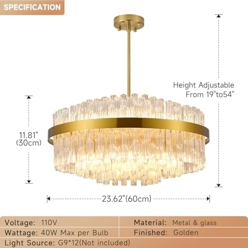 KUNYEEE Gold Crystal Chandelier – 60cm Modern K9 Flush Mount Ceiling Light