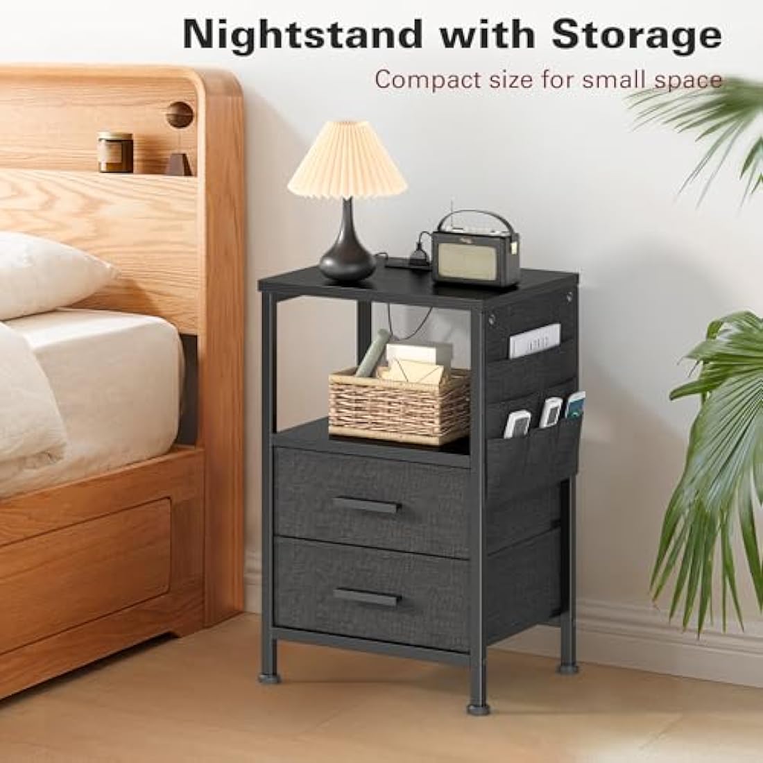 Industrial Nightstand with Charging Station & 2 Drawers