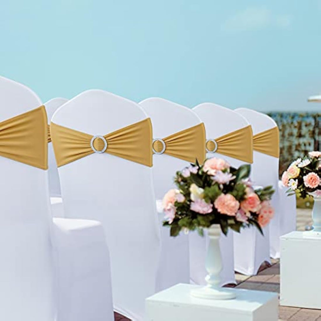 Babenest Gold Spandex Chair Sashes | Stretch Wedding Bands - 100 Pack