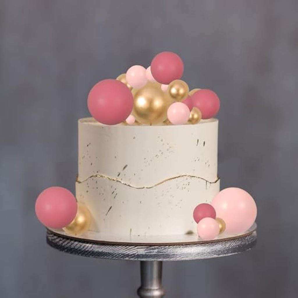 Gyufise 30Pcs Pink Gold Ball Cake Toppers – Foam Balloon Cupcake Decor