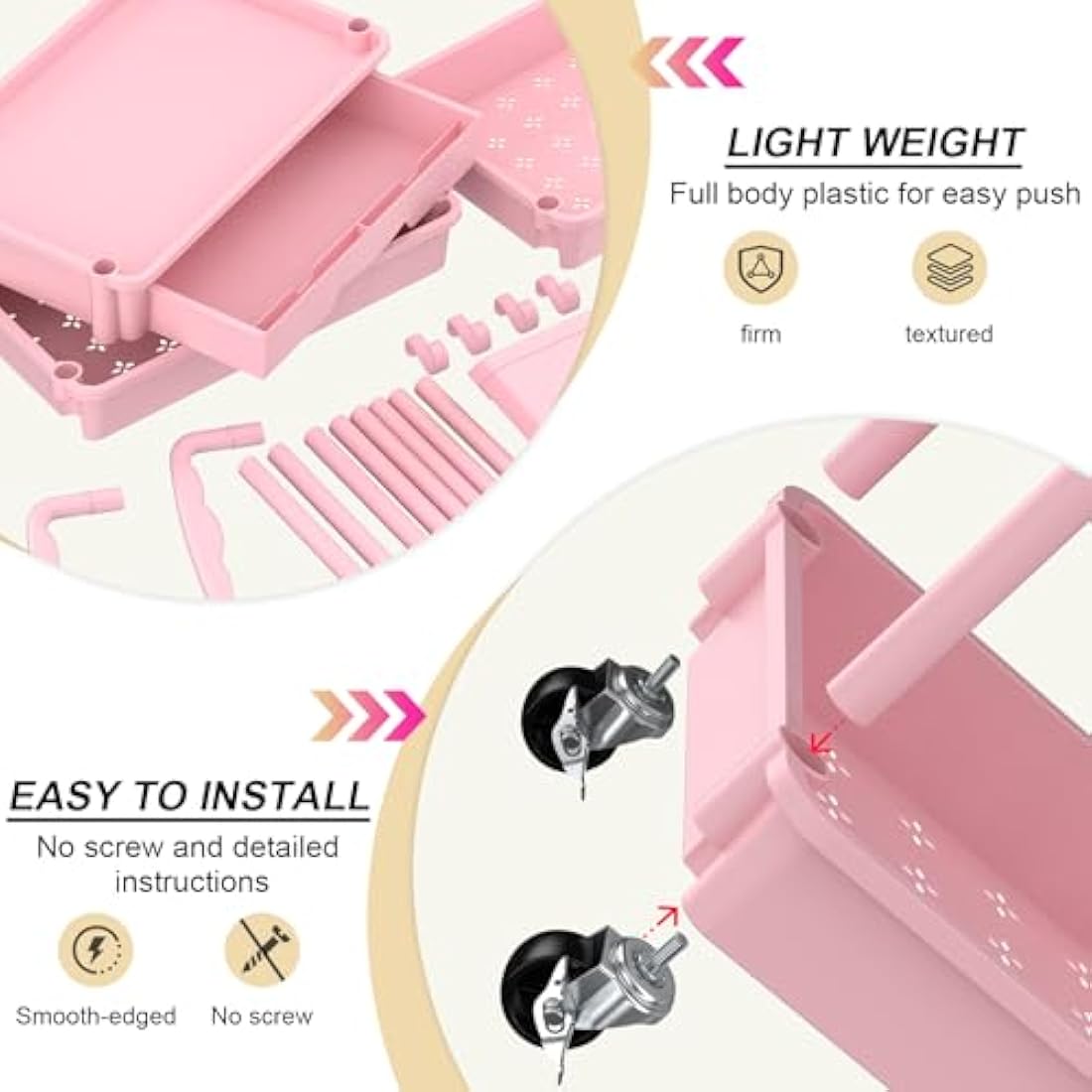 Yeabett 4-Tier Rolling Utility Cart with Drawers - Pink Storage Trolley
