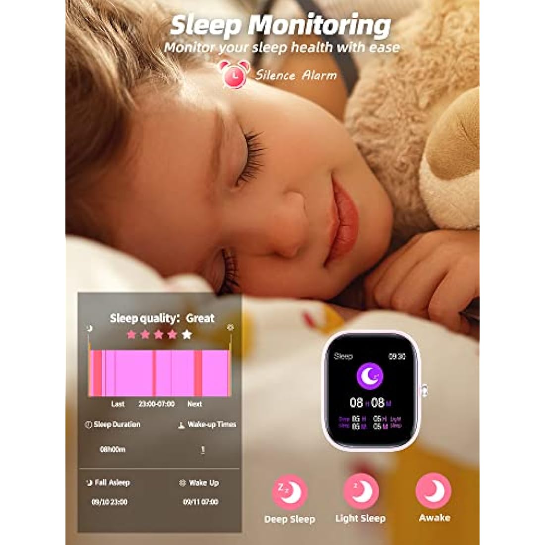Slothcloud Kids Smart Watch - IP68 Waterproof Fitness Tracker, Pink