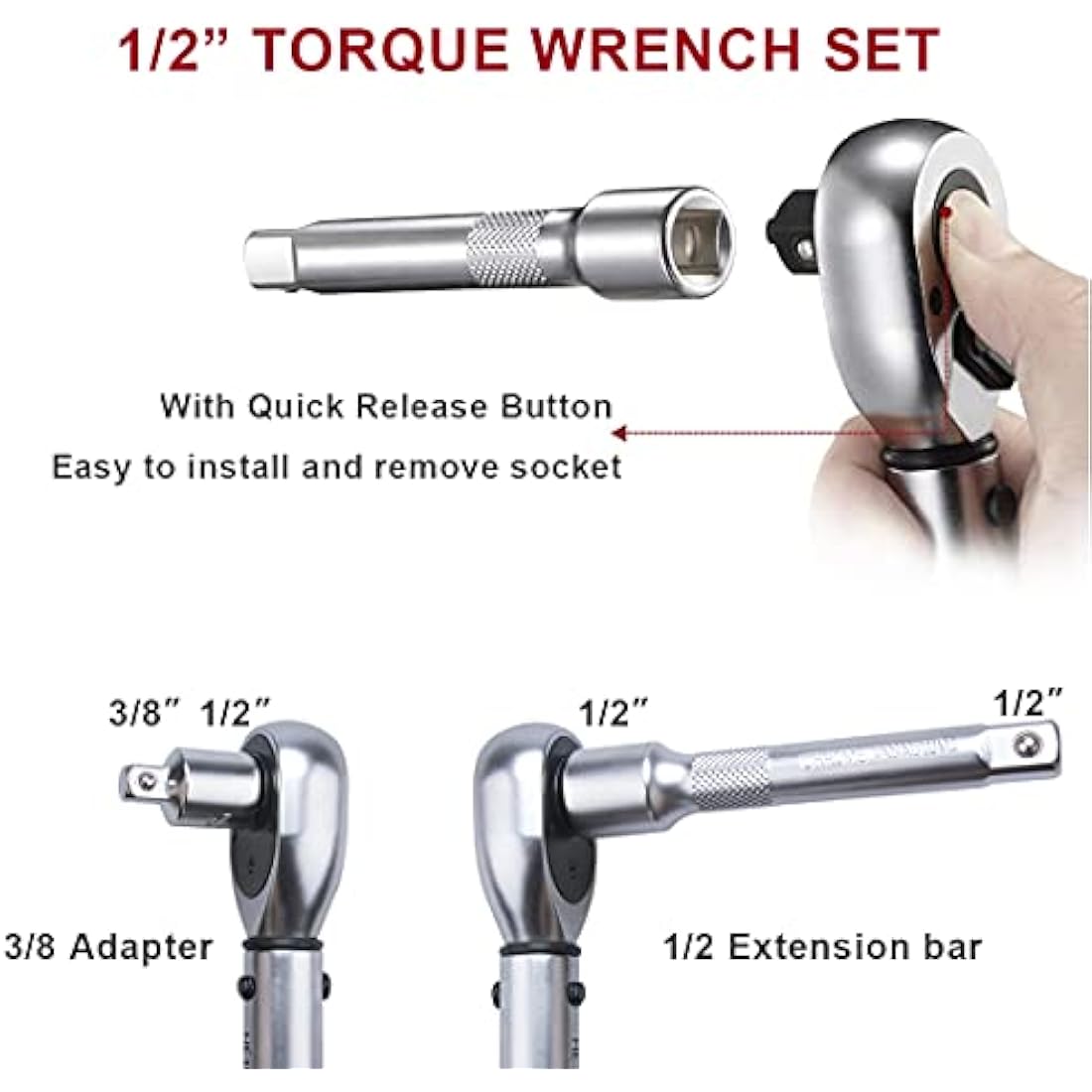 FOURROBBER 1/2-inch Drive Click Torque Wrench Set, 20-220Nm (±3% Accuracy)