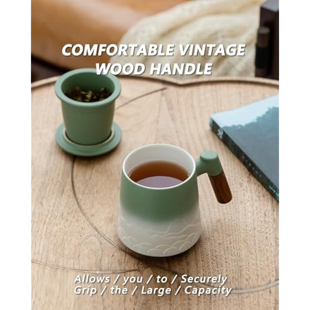ZENS Ceramic Tea Infuser Mug with Wood Handle and Lid - 500ml Green