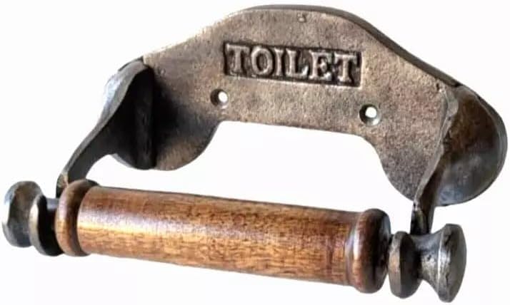 Jolof Store Industrial Cast Iron Toilet Roll Holder with Wooden Loop